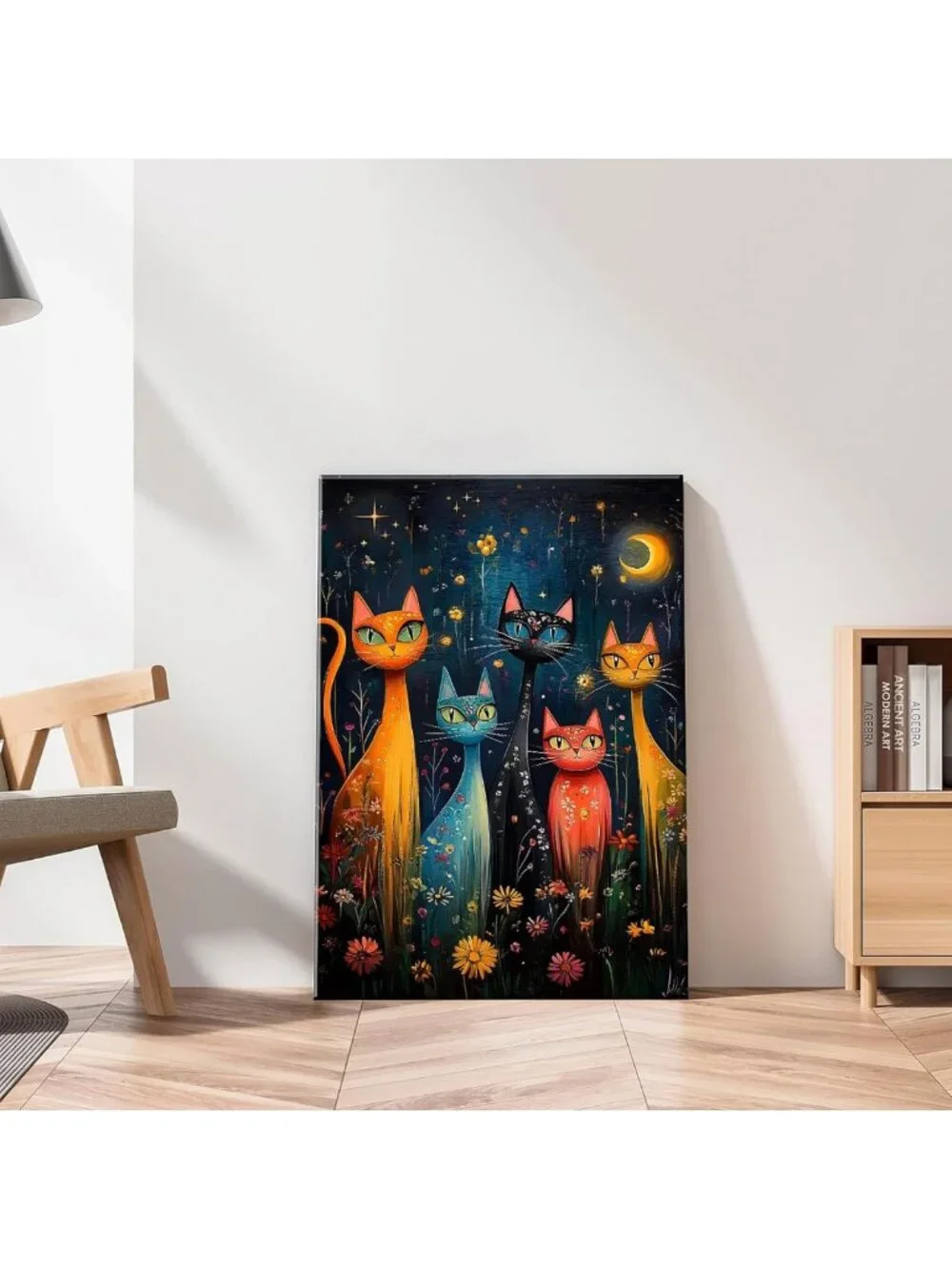 Colorful Cat Canvas Wall Art - Mystical Night Sky Decor for Bedroom & Dorm